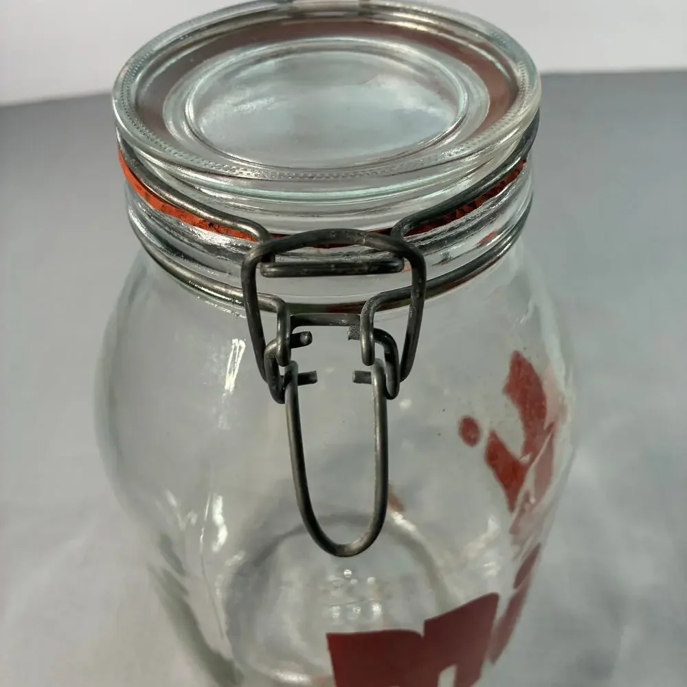 Vintage 3L Glass Storage Jar Clamp Lid Red Retro Graphic Kitchen Canister 11 In